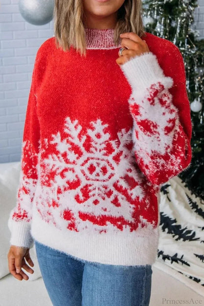 Weihnachtspullover Rot Schneemuster Rollkragen