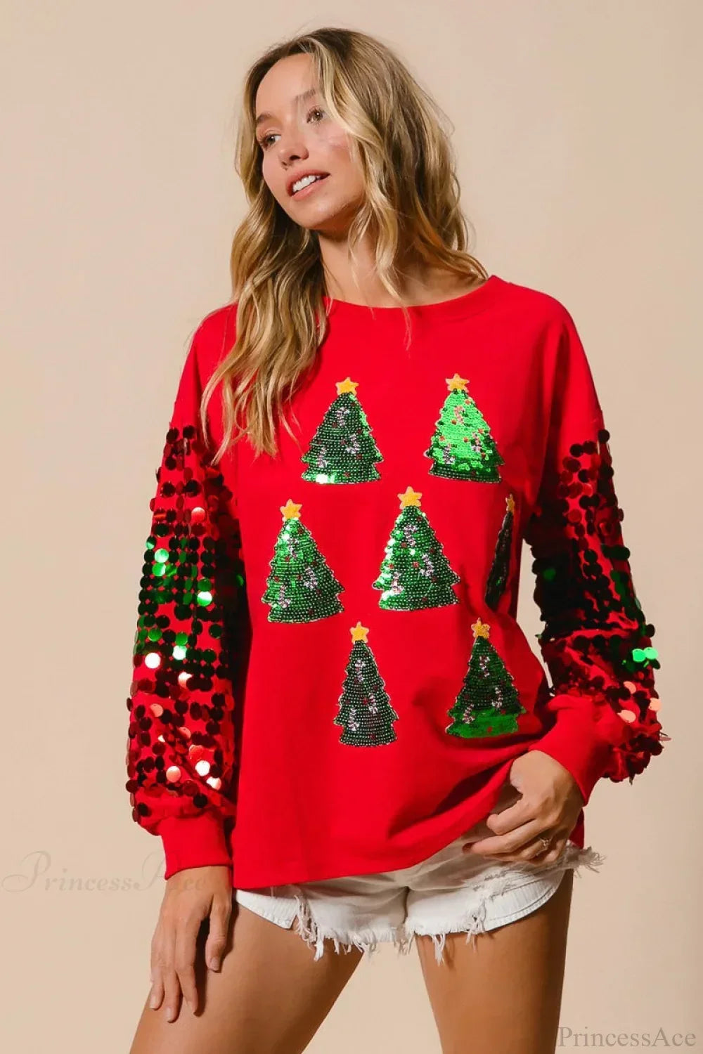 Weihnachtssweatshirt Langarm Glitzer Pailletten