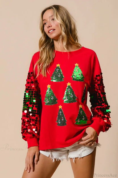 Weihnachtssweatshirt Langarm Glitzer Pailletten