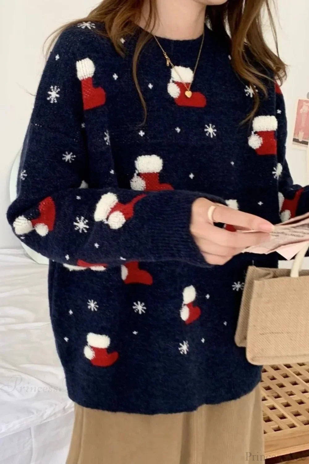 Weihnachtsstrumpf Schneeflocken Muster Lockere Pullover