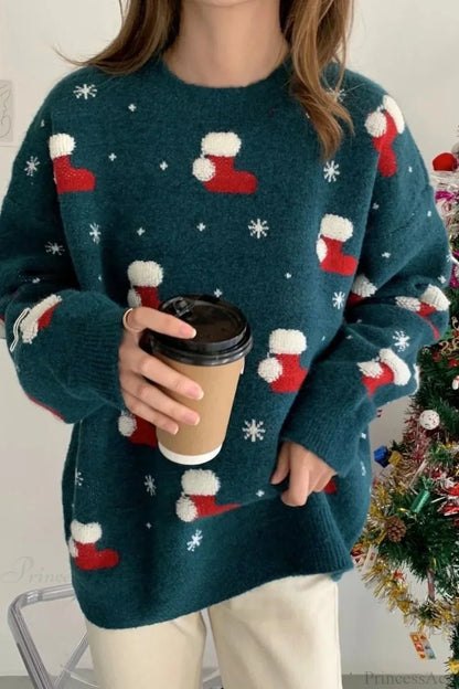 Weihnachtsstrumpf Schneeflocken Muster Lockere Pullover