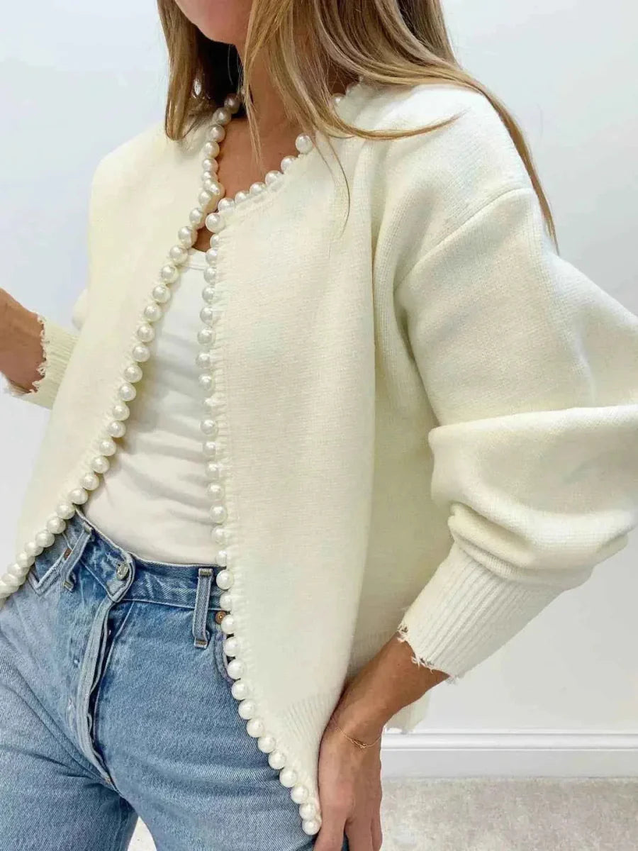 Strick-Cardigan Damen Elegant Perlen Fransen