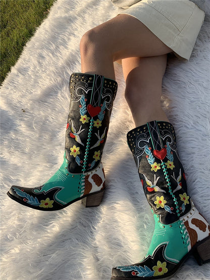 Damen Westernstiefel Blumenbestickung Elegant
