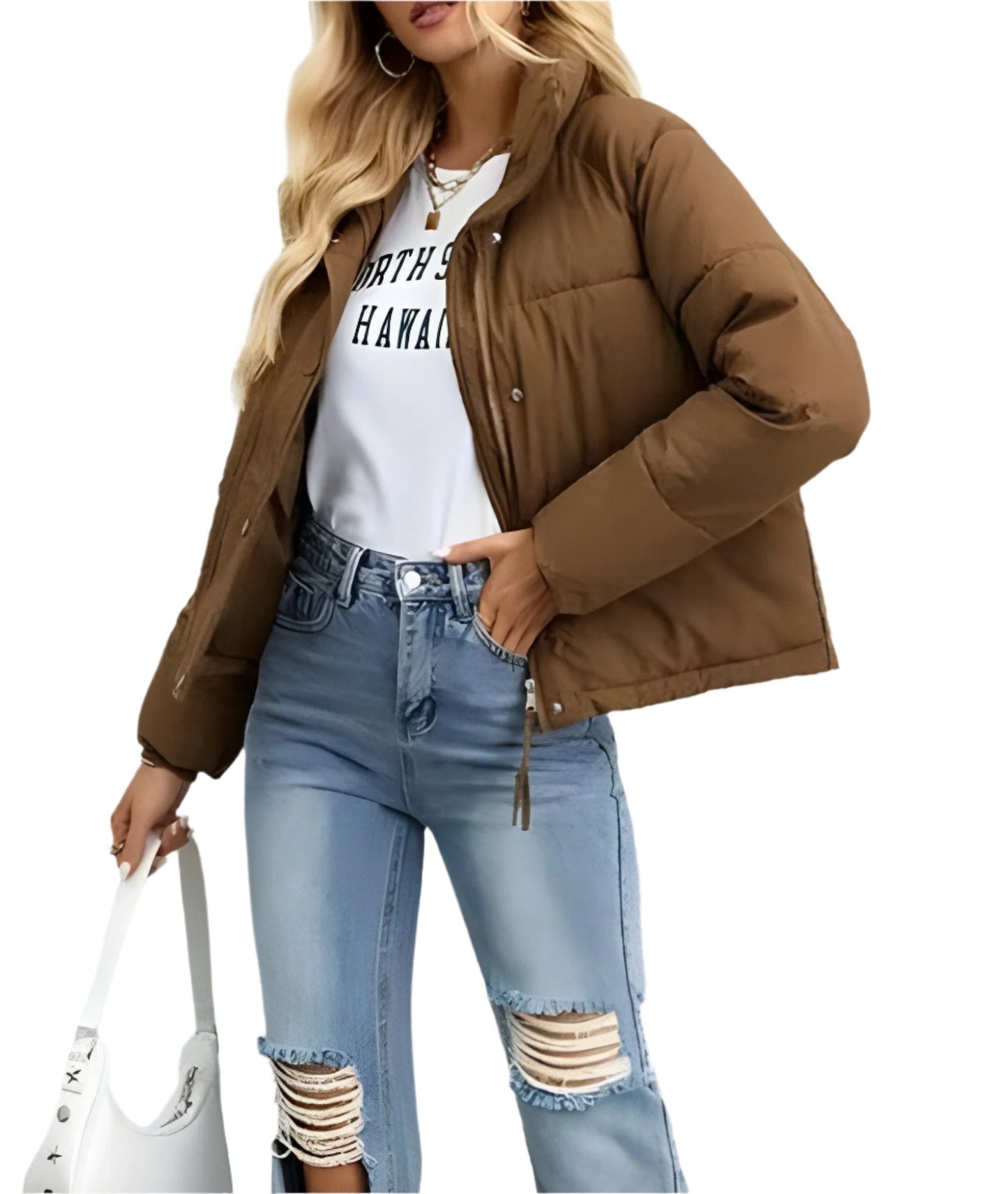 Warme Damen Pufferjacke mit Reißverschluss und Hohem Kragen → Damen Winterjacke Warm Isoliert Modern