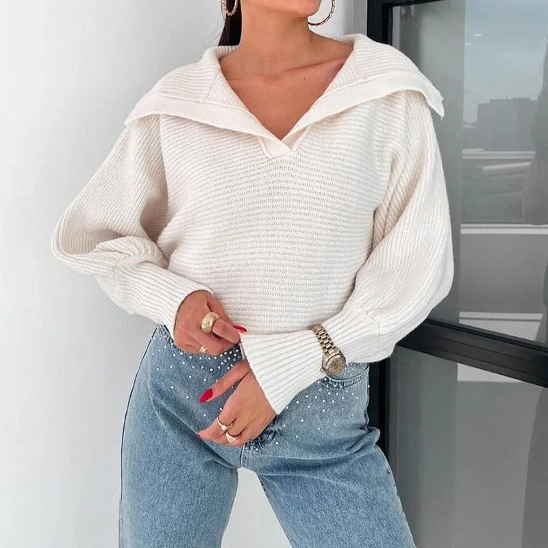 Gemütlicher Strickpullover Latzen Ärmel Offener Kragen