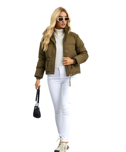 Warme Damen Pufferjacke mit Reißverschluss und Hohem Kragen → Damen Winterjacke Warm Isoliert Modern