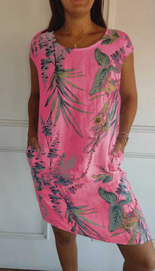 Damen Kleid Rundhals Ausschnitt Blumenmuster