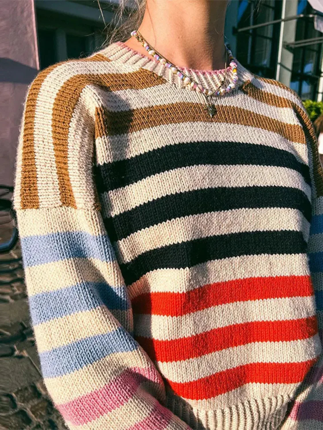 Farbenfroher Streifenpullover Rundhals Vintage Style