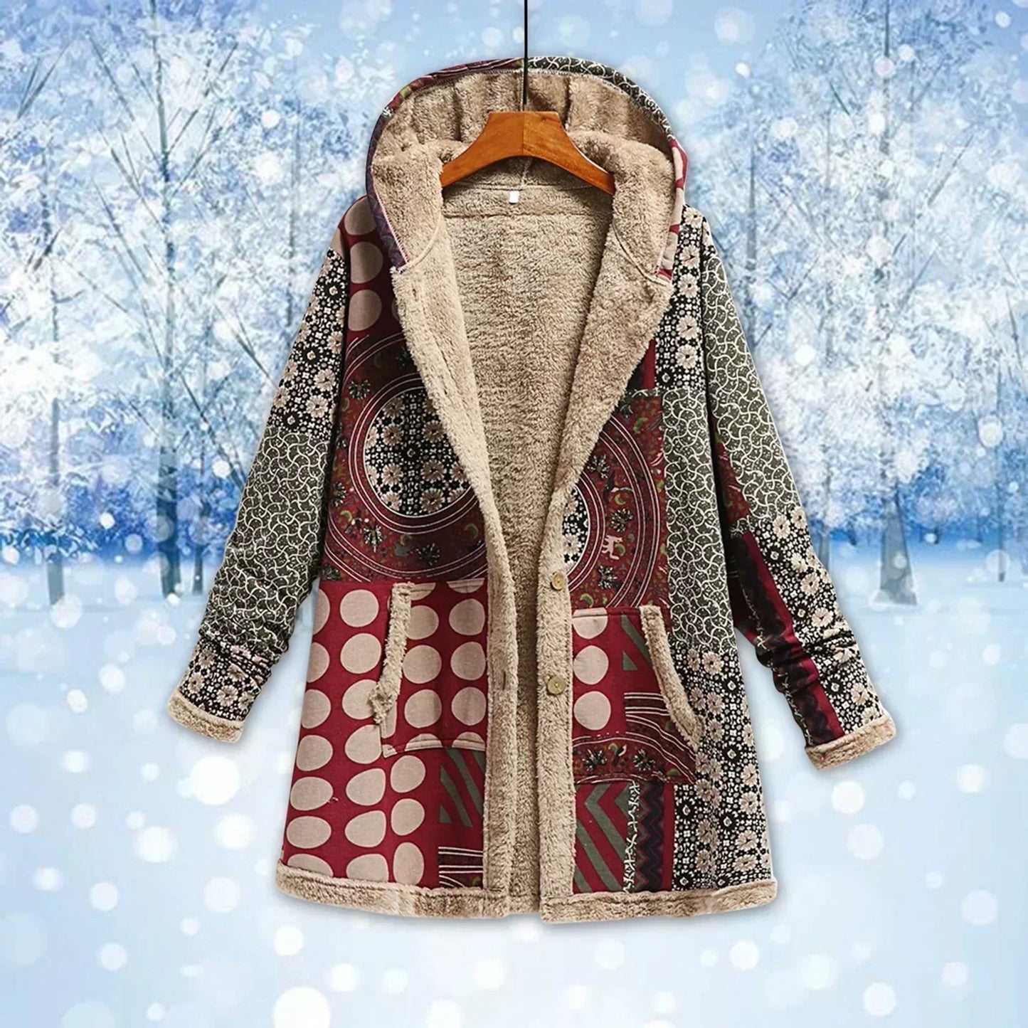 Fleecejacke Damen Langer Kapuzenmantel Relaxed Fit