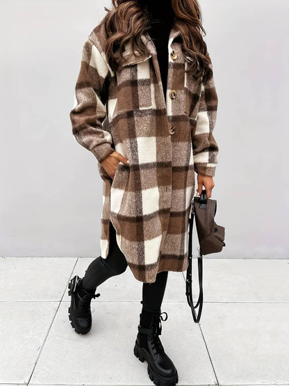 Damen Wolljacke Karomuster Warm Elegant Knöpfe