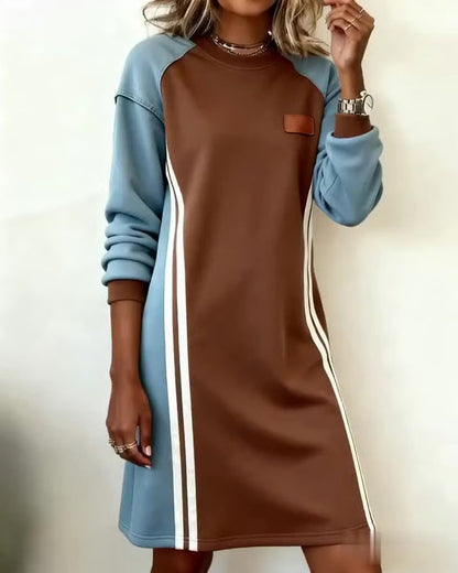 Modisches Langarm-Kleid Farbblock Rundhals