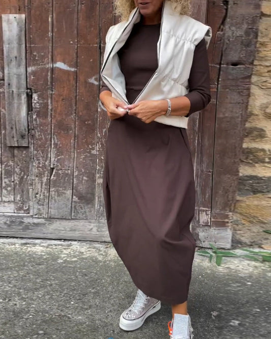 Elegantes Damenkleid Langärmlig Mit Tasche - IdealeKleiden