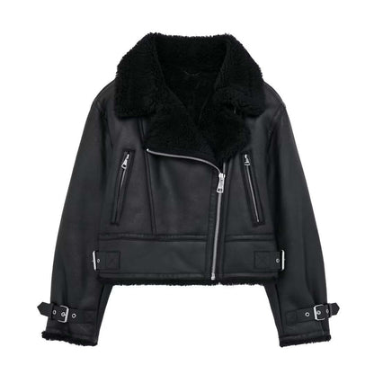 Modische Damen Lederjacke mit Pelz Kragen