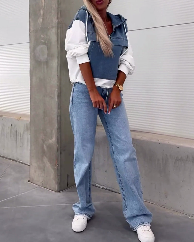 Kapuzenpullover Denim Style Reißverschluss Trend - IdealeKleiden