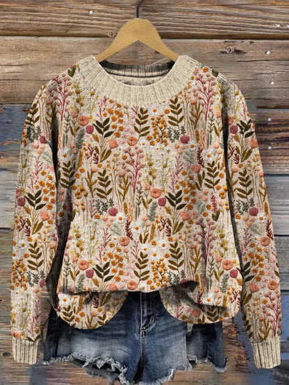 Herbstlicher Strickpullover Floral Blumenmuster Damen