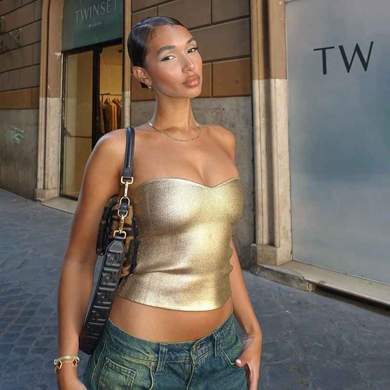 Sexy Bustier-Top Metallic Glitzer Herz Ausschnitt