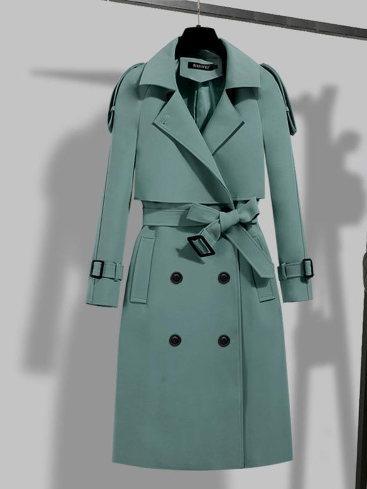 Eleganter Trenchcoat Lang Damenmantel Doppelfütterung Gürtel