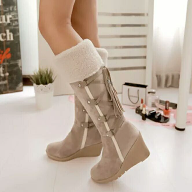 Damen Stiefel Schnürkeil Fell Überzug - IdealeKleiden