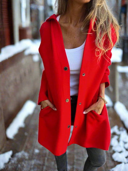 Lange Wolljacke Damen Kapuze Knopfverschluss Bequem