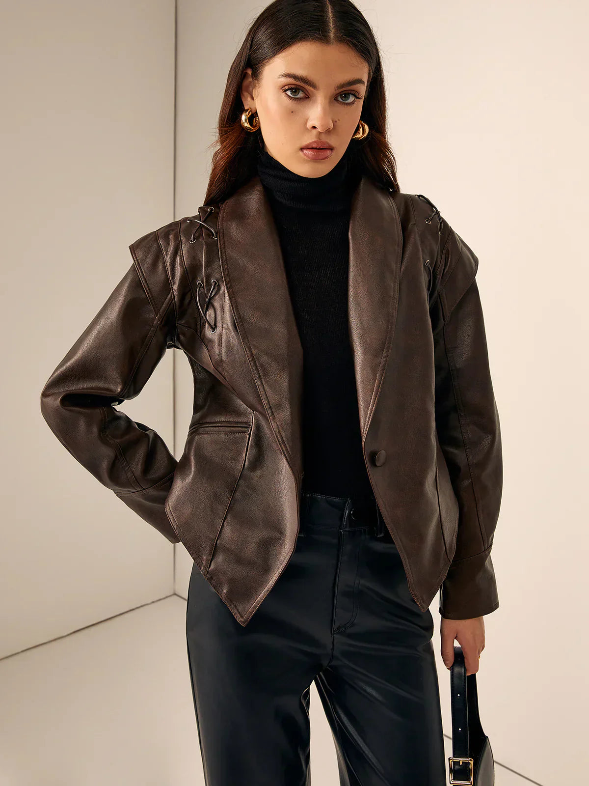 Stylische Lederjacke Schnürblazer Eleganter Kragen