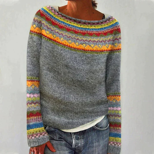 Retro Pullover Damen Langarm Baumwolle Druck - IdealeKleiden
