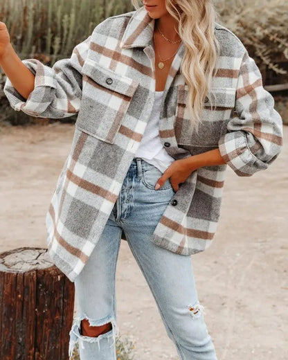 Übergroße Karo Shirtjacke Lang mit Brusttasche