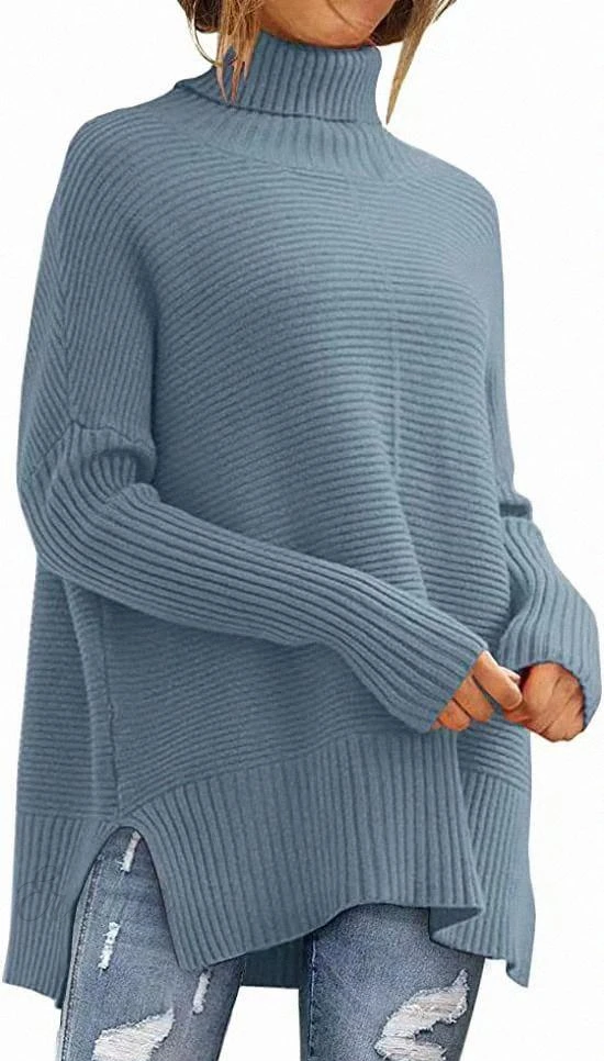 Blauer Strickpullover Fledermausärmel Winterwarm - IdealeKleiden