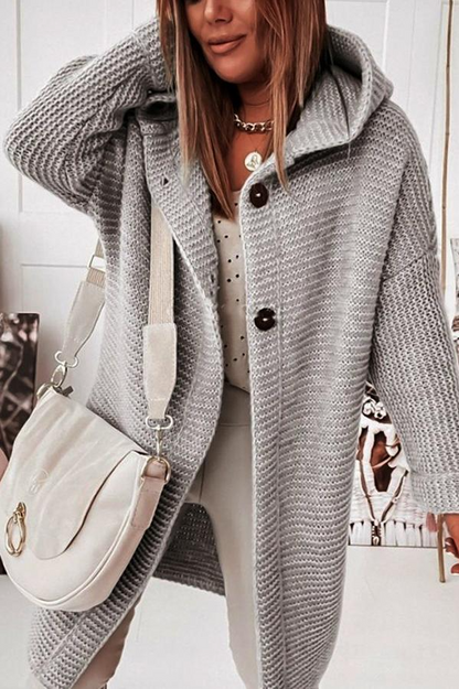 Kuschelige Strickjacke Kapuze Lang Knöpfe