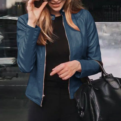 Slim Fit Lederjacke Kurz Reißverschluss Stehkragen