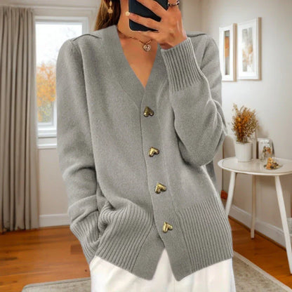 Wollcardigan Damen Herzknöpfe Rippensaum