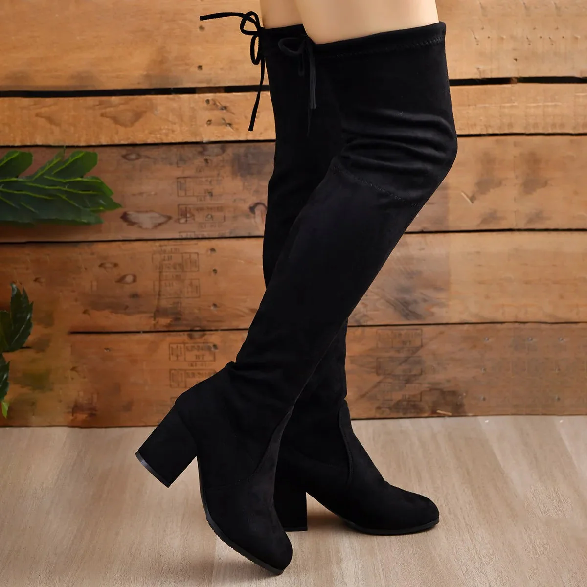 Über Knie Stiefel Wildleder Optik Stretch Schnürung Blockheel - IdealeKleiden