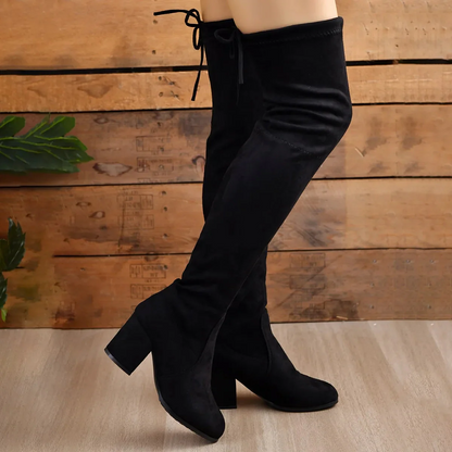 Über Knie Stiefel Wildleder Optik Stretch Schnürung Blockheel - IdealeKleiden