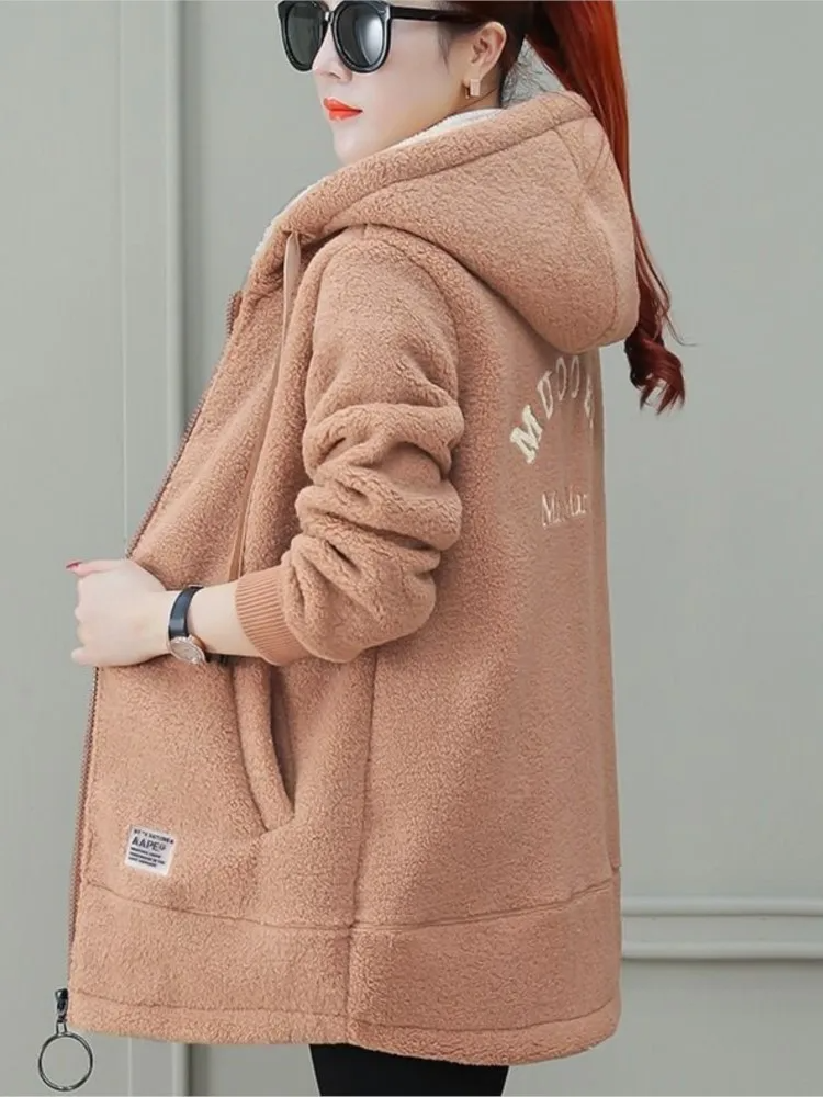 Damen Mantel Mittellang Kapuze Fleece Soft
