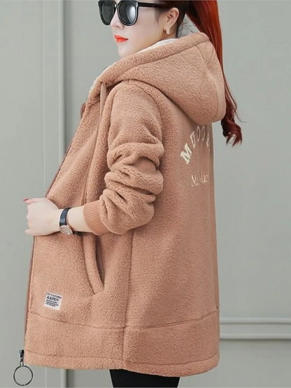 Damen Mantel Mittellang Kapuze Fleece Soft