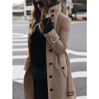 Damen Mantel Lang Wolle Slim Fit Stehkragen