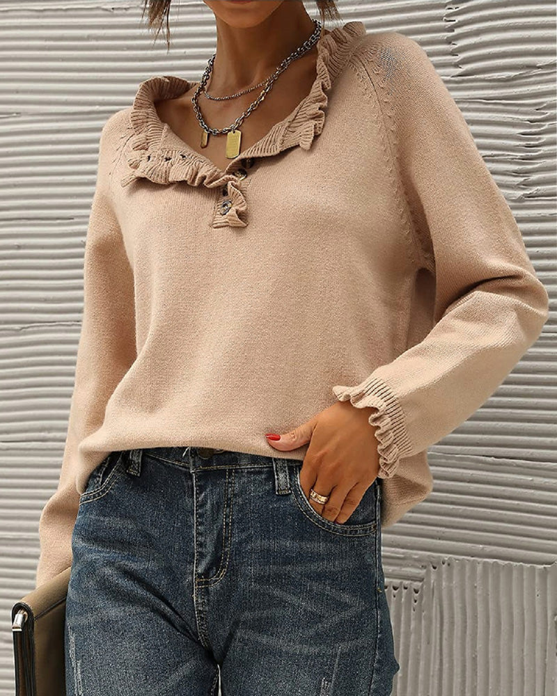 Stylischer Einfarbiger Pullover mit Rüschen Detail