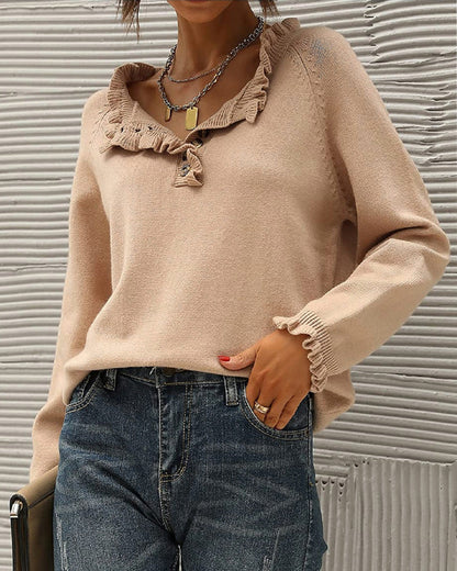 Stylischer Einfarbiger Pullover mit Rüschen Detail
