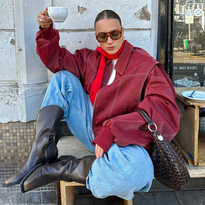 Übergröße Jacke Rot Kontrastnähte Trendy