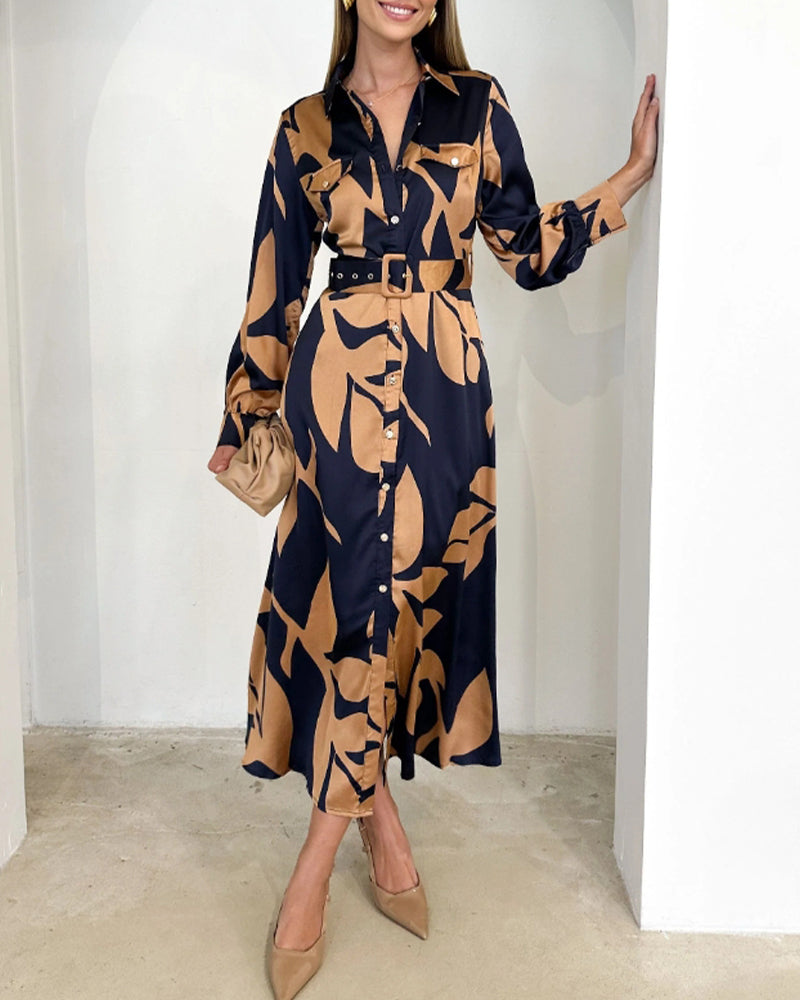 Kleid Langärmlig Blättermuster Elegant