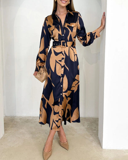Kleid Langärmlig Blättermuster Elegant