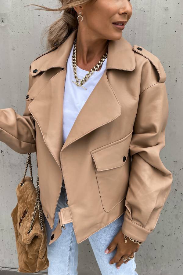 Leder Revers Tasche Biker Stil Kurzjacke