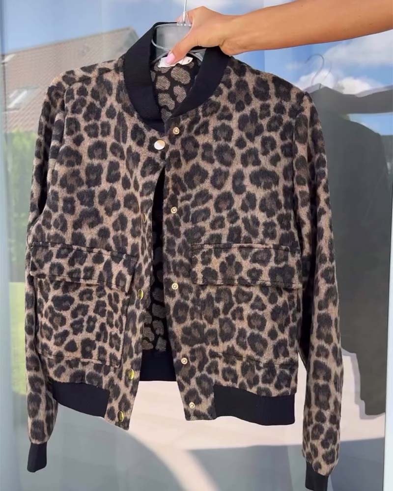 Leopardenjacke Damen Trendy Knopftasche