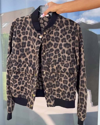Leopardenjacke Damen Trendy Knopftasche