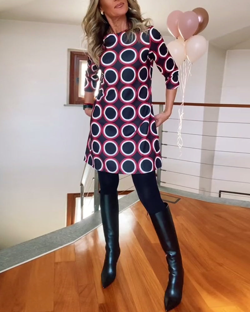 Kleid Rundhals Kreis Muster Damenkleid