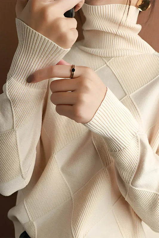 Eleganter Diamant Strick Pullover Damen Rollkragen - IdealeKleiden