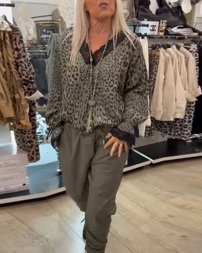 Leopardenbluse Frauen V-Ausschnitt Spitze Blumenmuster