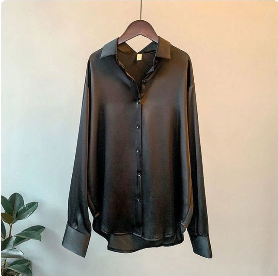 Elegante Satin Bluse Übergröße Knopfverschluss