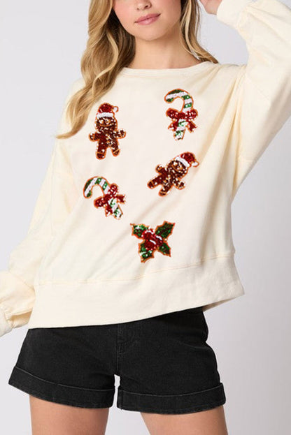 Weihnachten Sweatshirt Lebkuchenmann Glitzer Lässig Langarm - IdealeKleiden