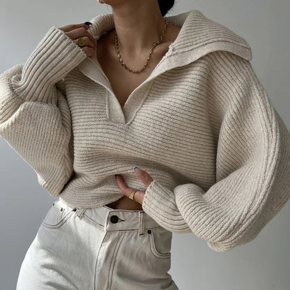 Gemütlicher Strickpullover Latzen Ärmel Offener Kragen - IdealeKleiden