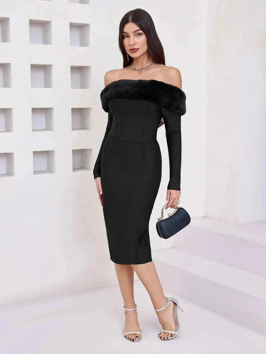 Elegantes Off-Shoulder Kleid mit Kunstpelz Verzierungen - IdealeKleiden